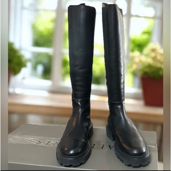 AllSaints Maeve Black Leather Knee High Boots Lug Sole Stretch Panel US 11 EU 41 - Picture 8 of 16